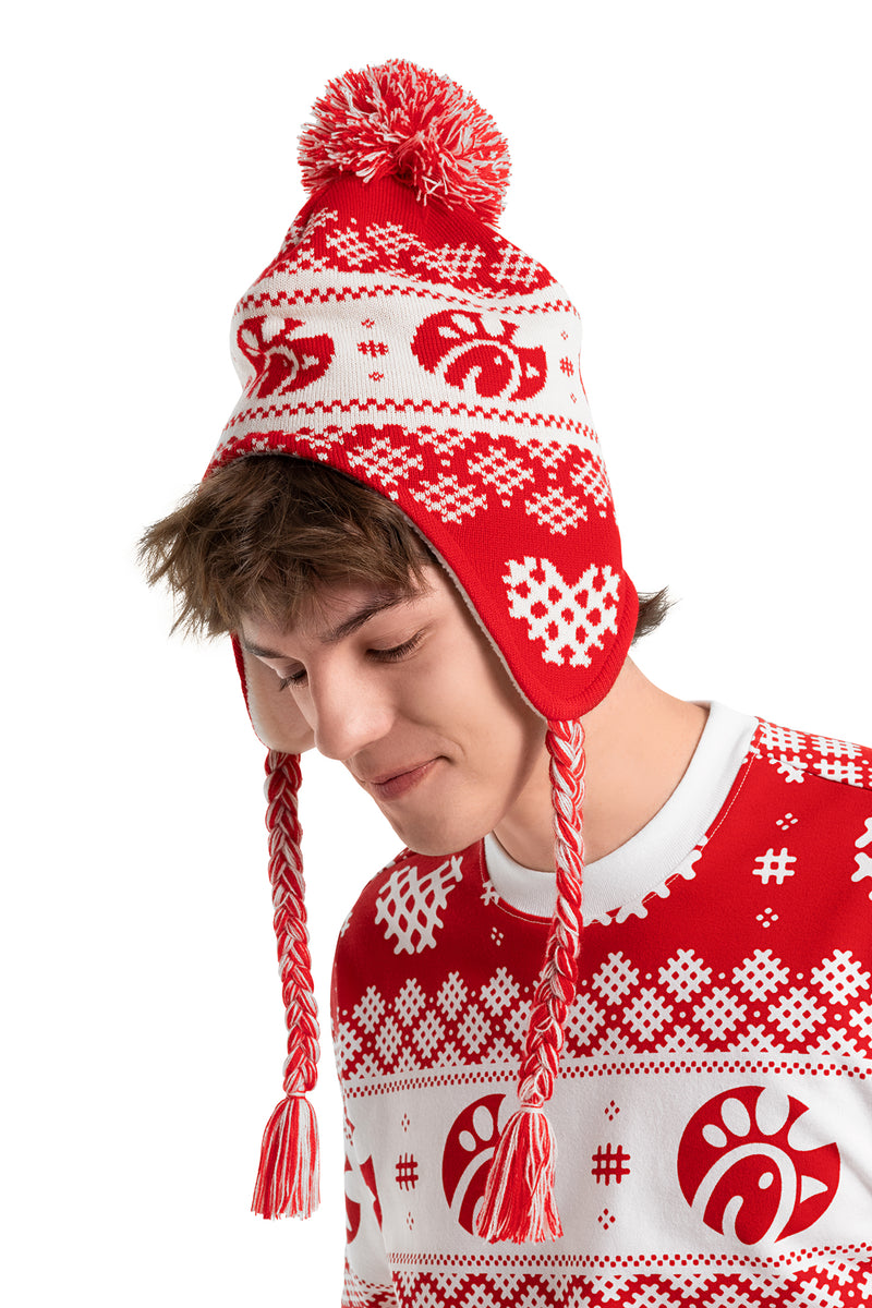 Waffly Wonderful Earflap Pom Beanie